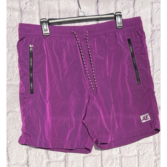 American Eagle Swim Trunks Surf Beach Pool Mens Size L Purple Reflective Shorts - Picture 1 of 5